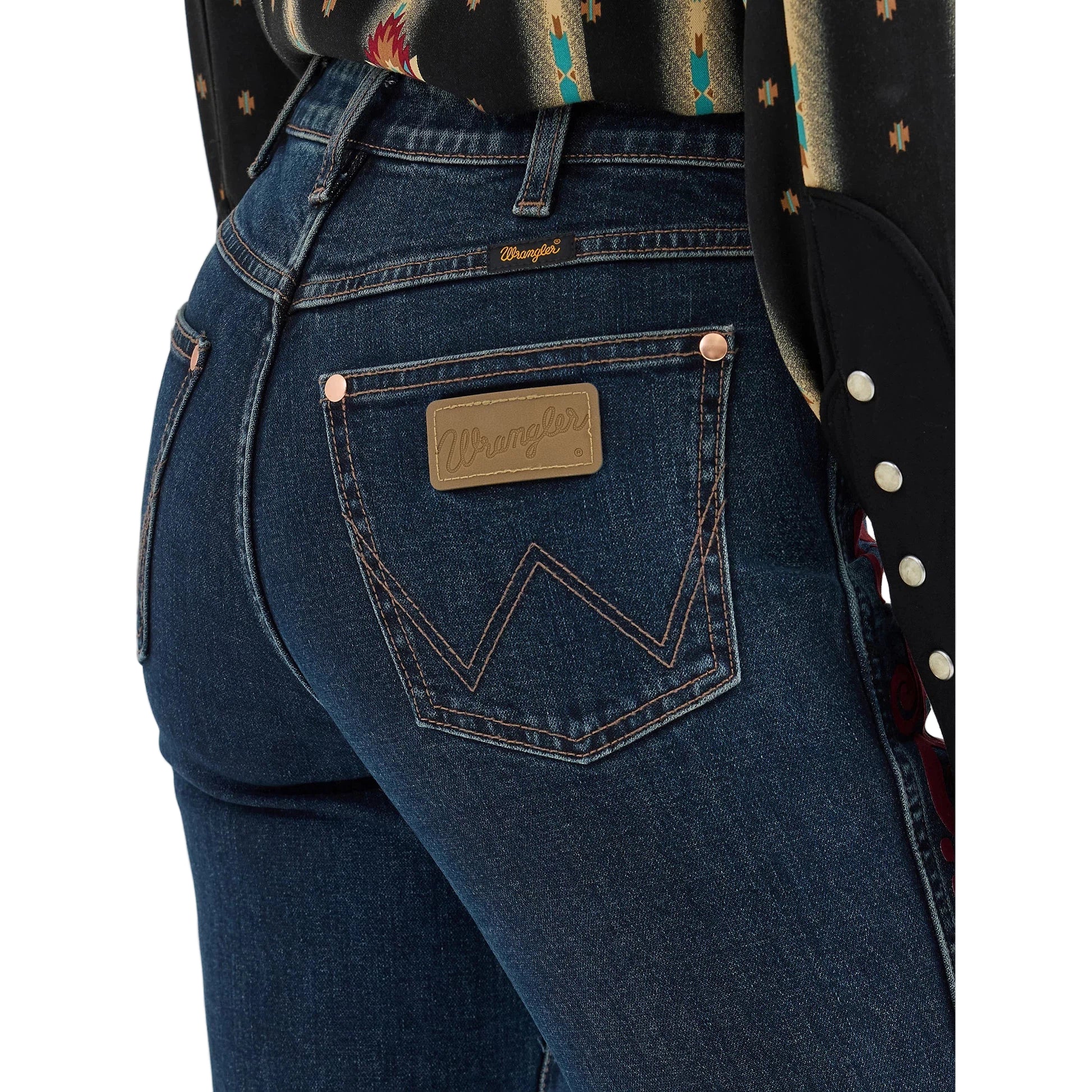 Wrangler Women's Lainey Wilson Vintage Flock Flare - Maroon Dark Wash - Image 6
