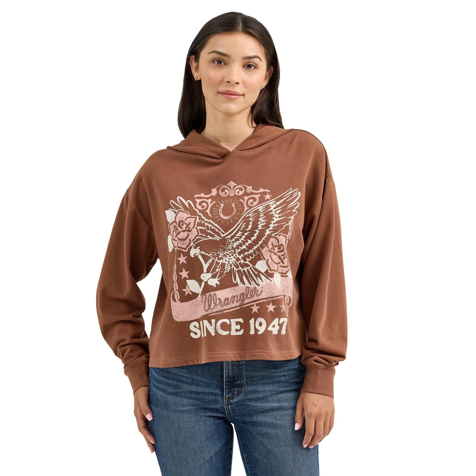 Wrangler Women's Long Sleeve Cropped Relaxed Fit Hoodie- Cacao Nibs