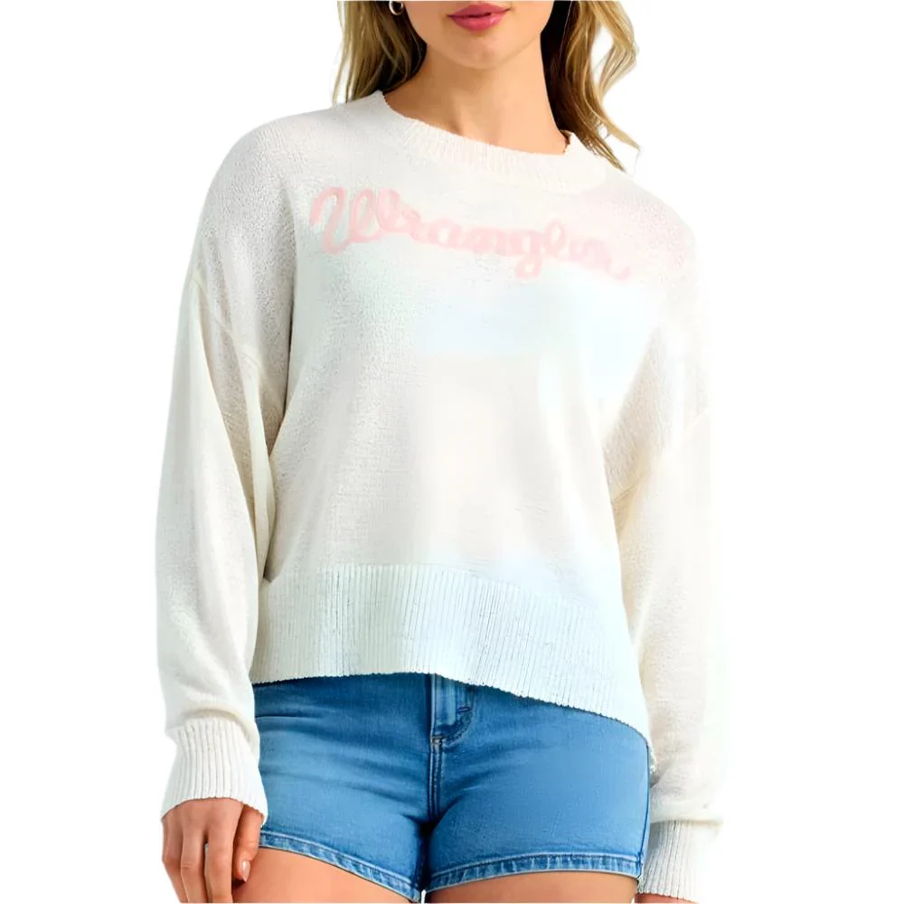 Wrangler Women's Long Sleeve Vintage Retro Logo  Crop Sweater- White