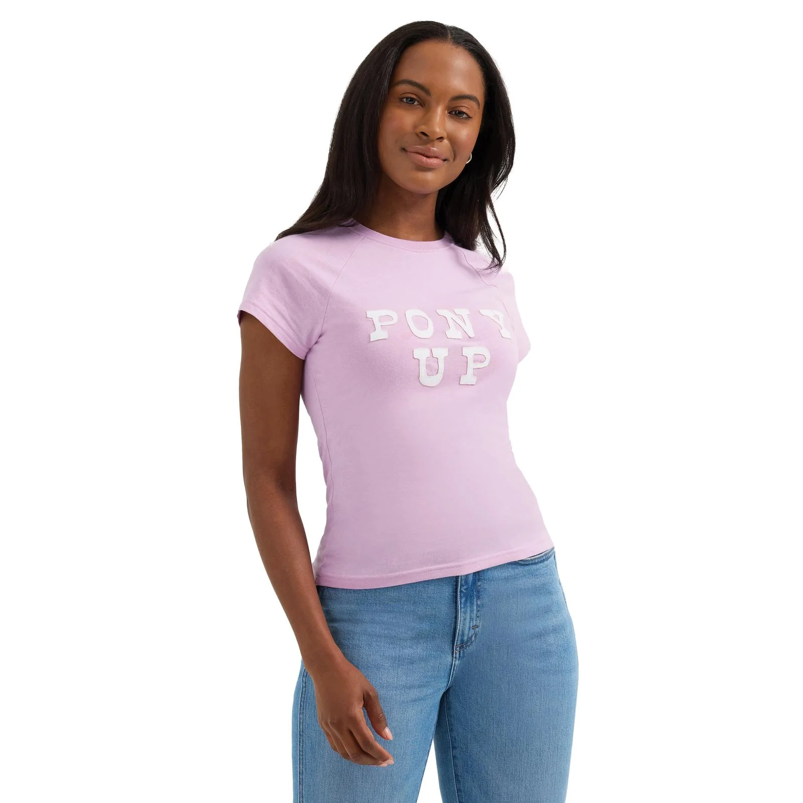 Wrangler Women's Shrunken Raglan Pony Up Short Sleeve Tee Shirt- Orchid Bouquet
