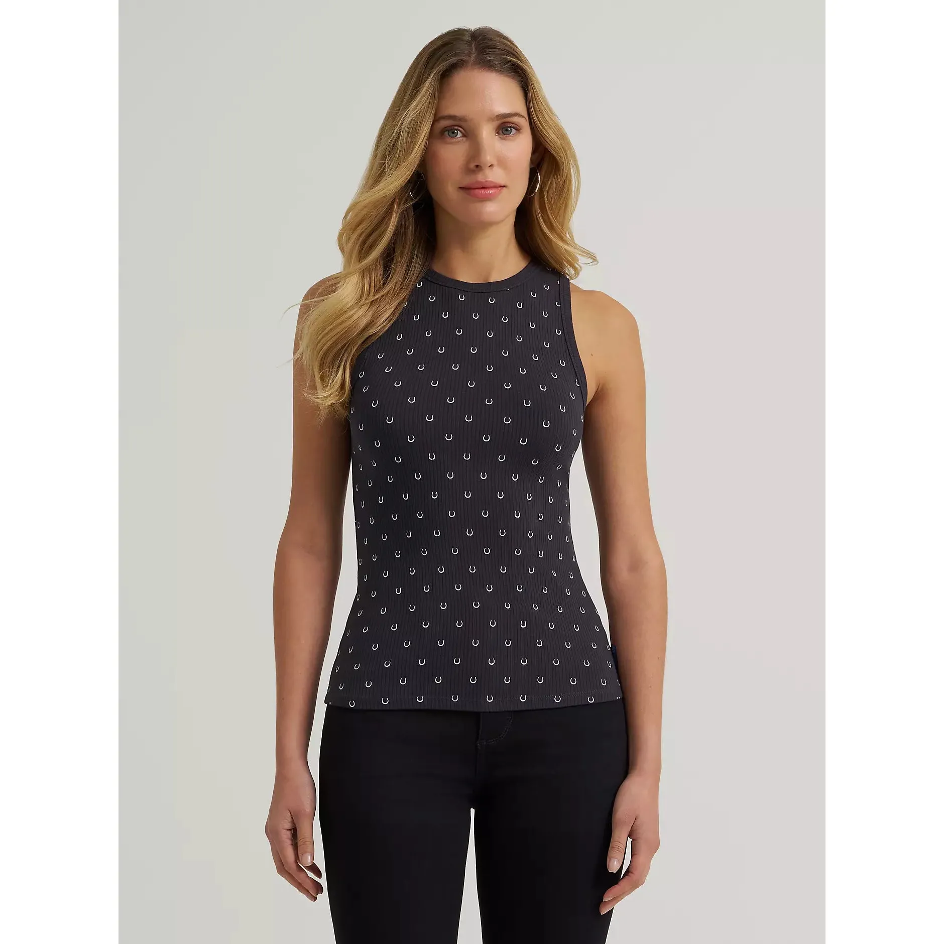 Wrangler Women's Sleeveless Printed Slim Goddess Tank - Black Horseshoe