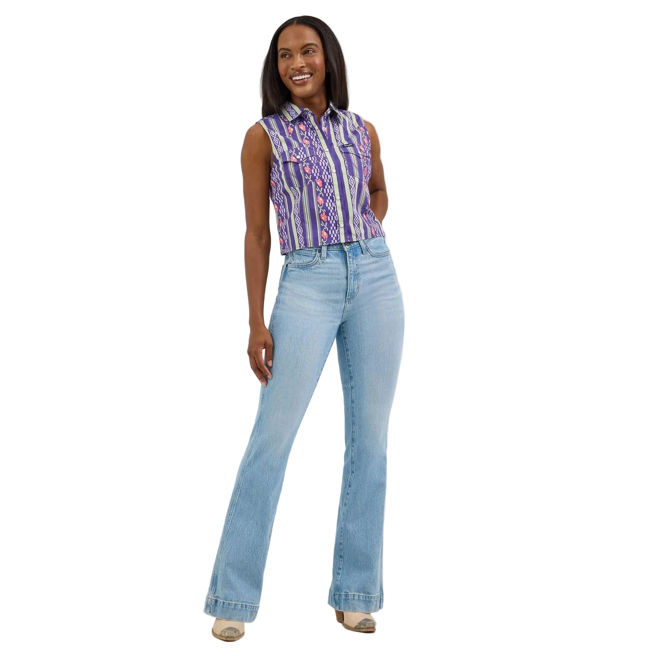 Wrangler Women's Sleeveless Snap Crop Stripe Shirt - Purple