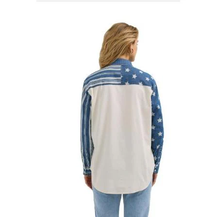 Wrangler Women's West Long Sleeve Retro Boyfriend Shirt- White/Blue - Image 2